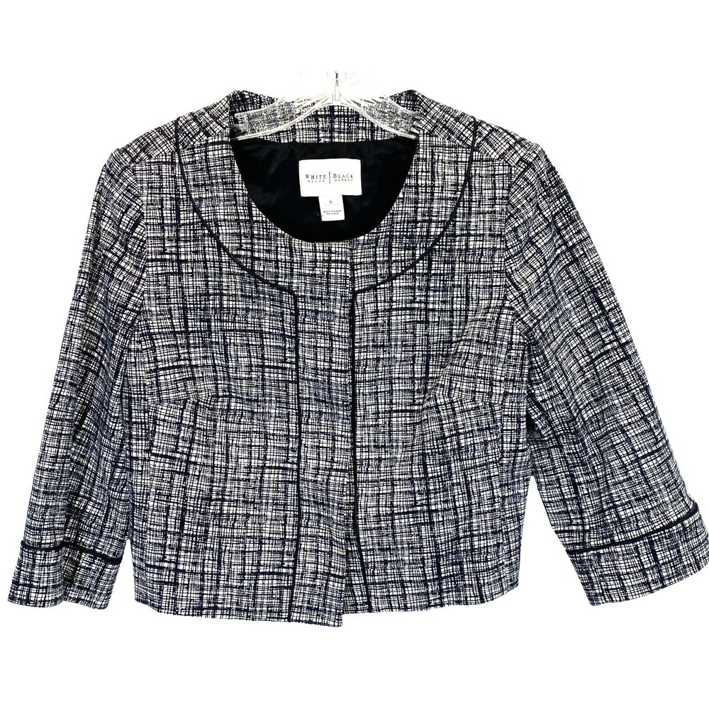 WHITE HOUSE BLACK MARKET Women's Blazer Sz 6 Black/White Plaid Cotton 3/4 Sleeve